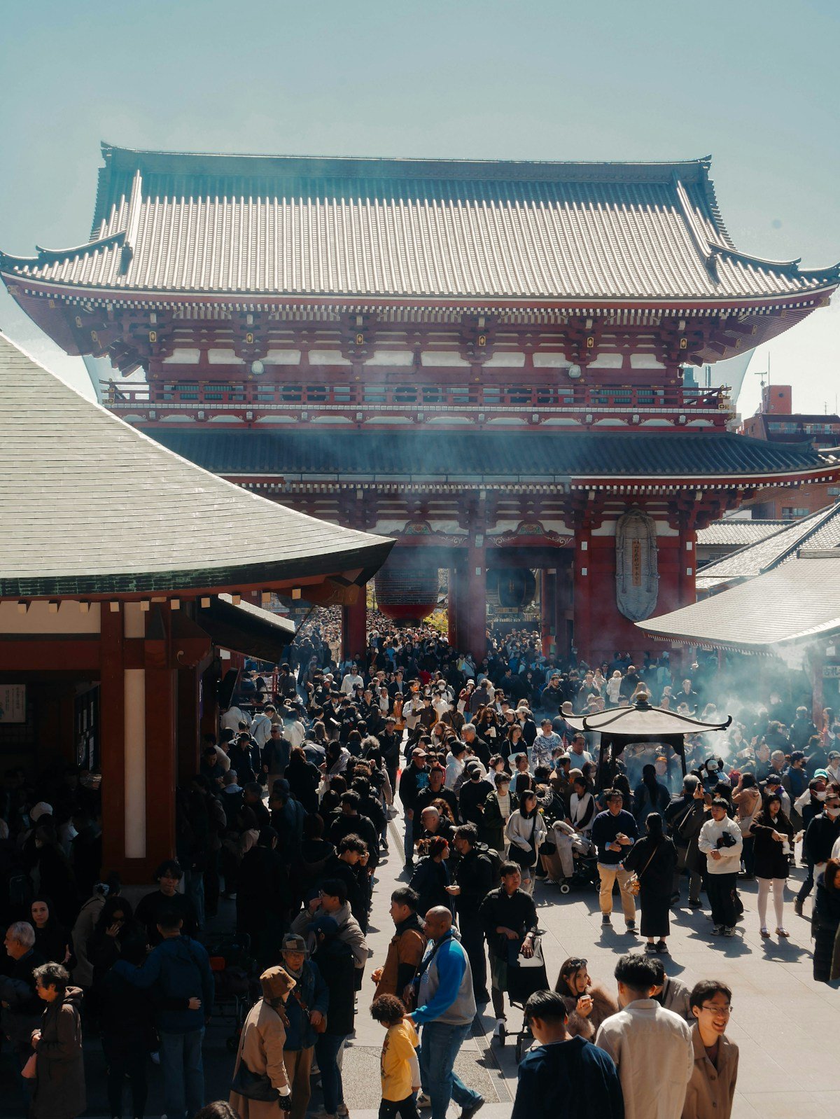 Crowded Senso-ji temple complex with Hozomon gate and incense smoke, Asakusa, Tokyo, Japan