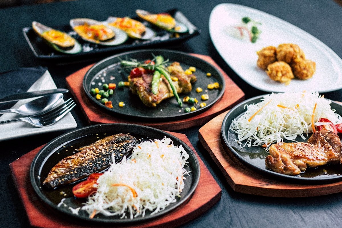 Grilled fish and seafood dishes at an Aomori restaurant, Japan