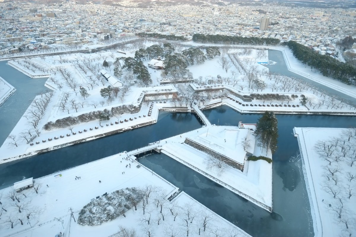 Aerial view of snow-covered Hakodate city, Hokkaido, Japan