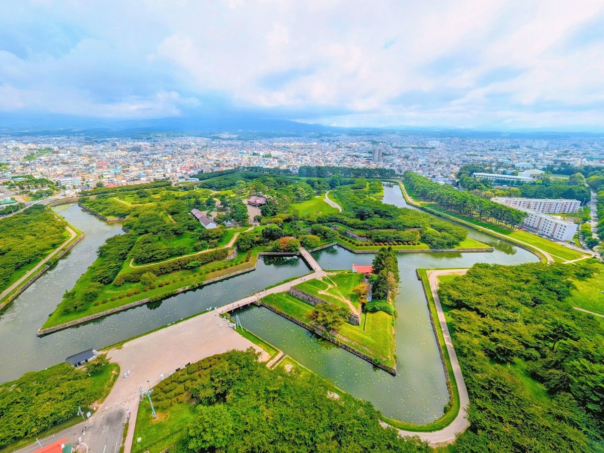 Aerial view of Goryokaku star-shaped fort, Hakodate, Hokkaido, Japan