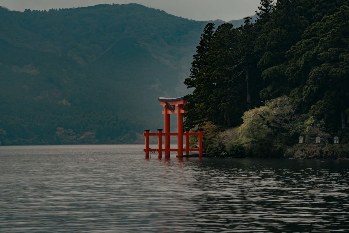 Red torii gate of Hakone Shrine on Lake Ashi