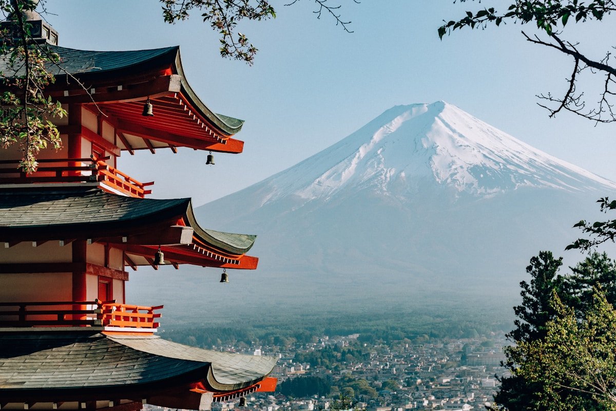 Chureito Pagoda with snow-capped Mount Fuji visible behind it, Fujiyoshida, Japan