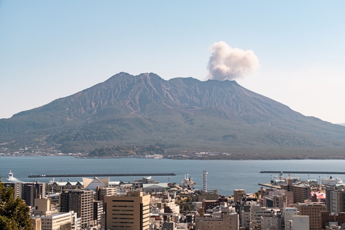 Sakurajima volcano rising dramatically above Kagoshima bay