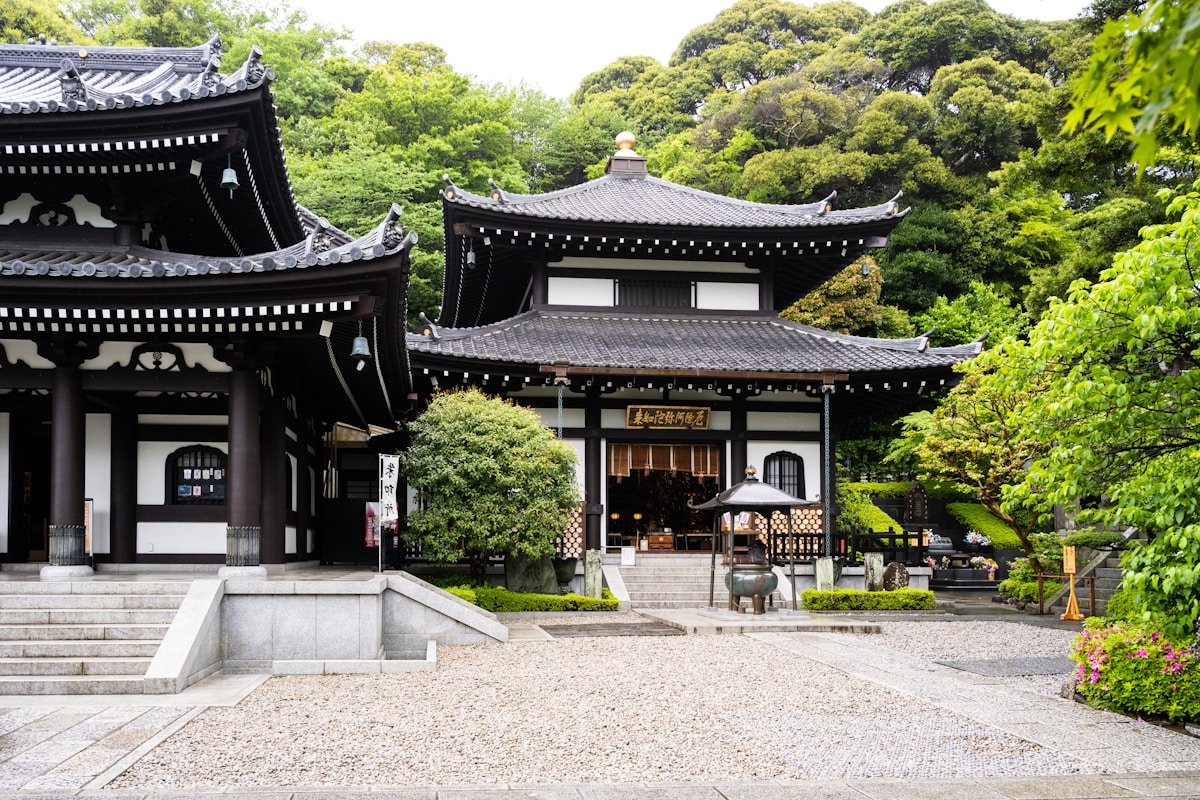 Traditional Japanese temple buildings surrounded by lush greenery in Kamakura, Japan