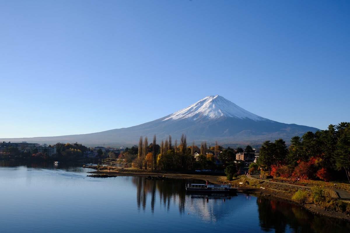Lake Kawaguchi with Mount Fuji reflected in calm water, Yamanashi Japan