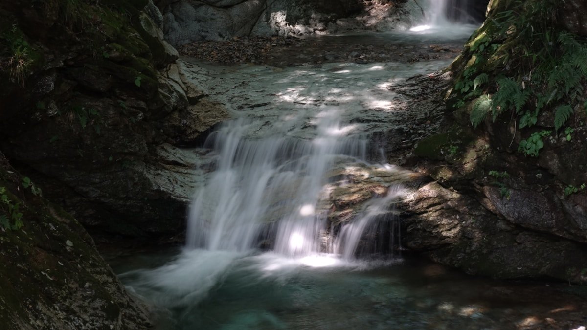 Forest waterfall cascading through rocks in Nikko National Park