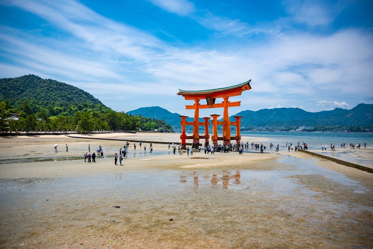 The floating torii gate of Itsukushima Shrine at high tide on Miyajima island, Hiroshima