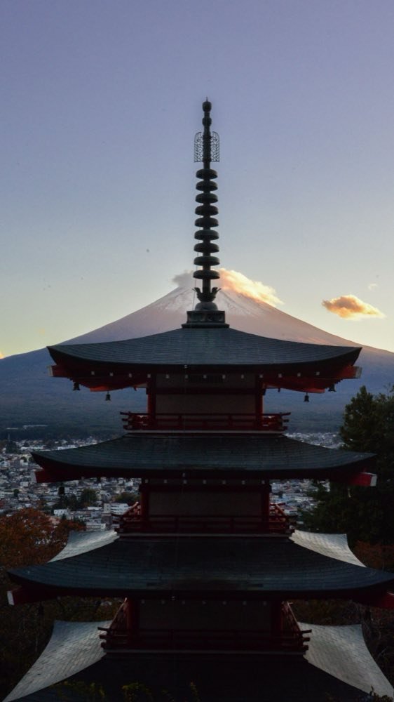 Chureito Pagoda in front of Mount Fuji at dusk, Fujiyoshida