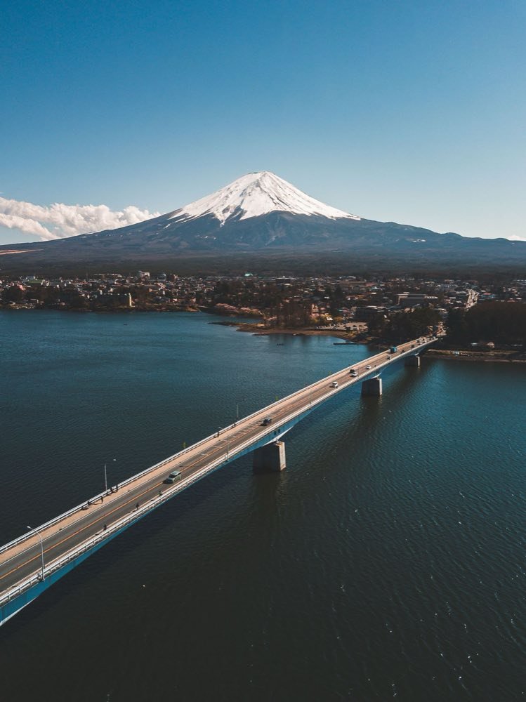 Kawaguchiko Bridge crossing the lake with Mount Fuji behind it
