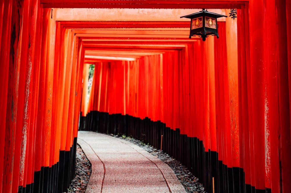 Sentier sous les torii vermillon du sanctuaire Fushimi Inari à Kyoto