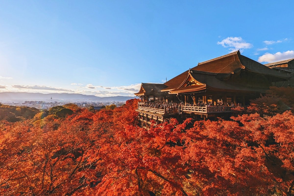 Kiyomizu-dera temple surrounded by vivid red and gold autumn foliage, Kyoto Japan