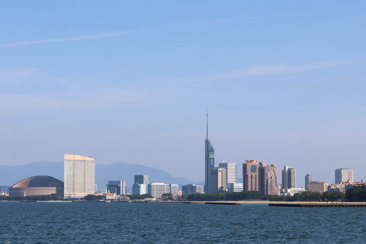 Fukuoka Tower and city skyline across Hakata Bay