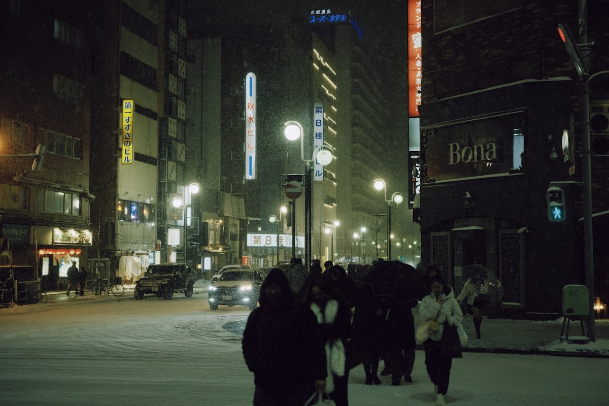 Snowy Sapporo street at night, Hokkaido Japan — Hokkaido vs Okinawa comparison