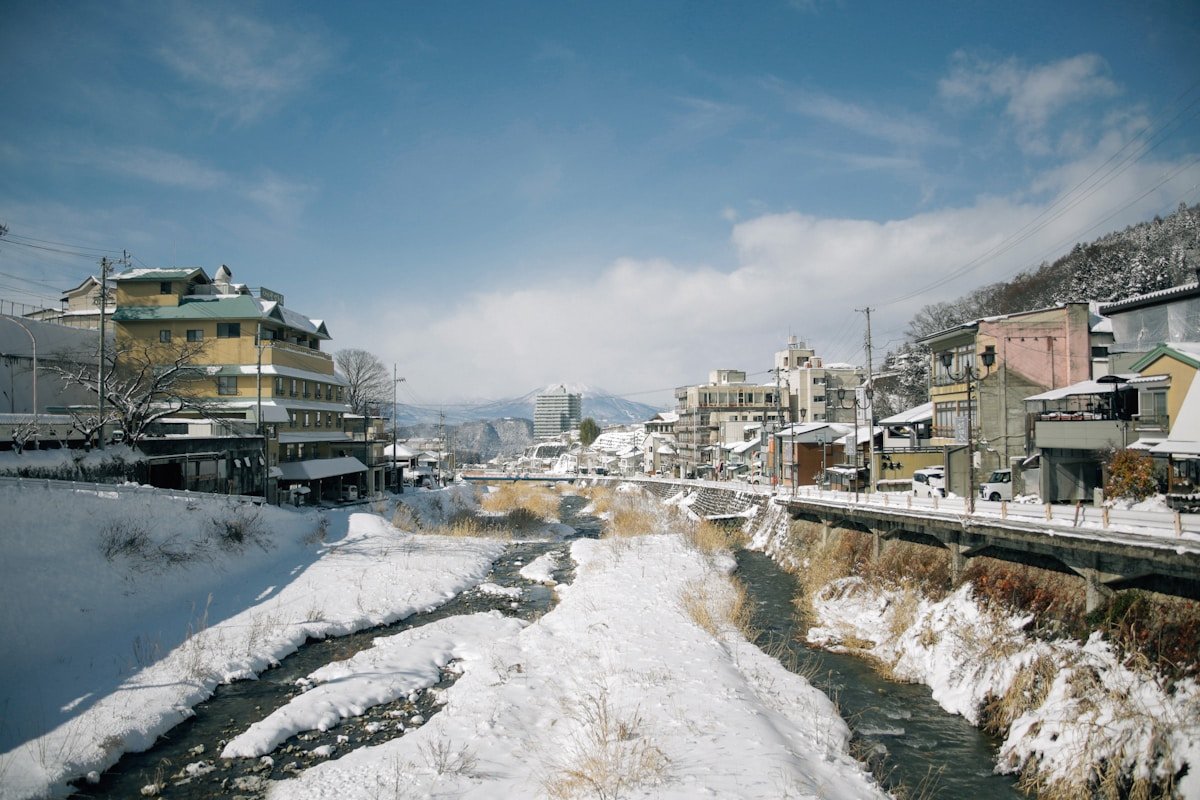 Steaming hot spring river in the onsen town of Shibu Onsen, Nagano, Japan