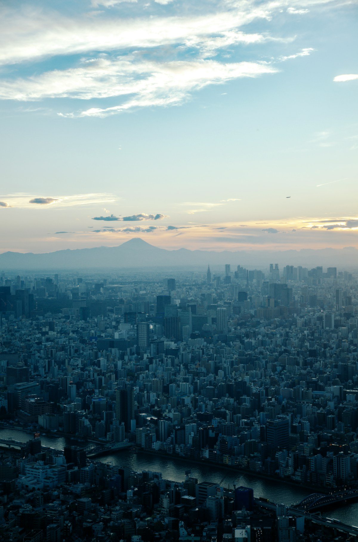 Aerial view of Tokyo with Mount Fuji visible in the distance